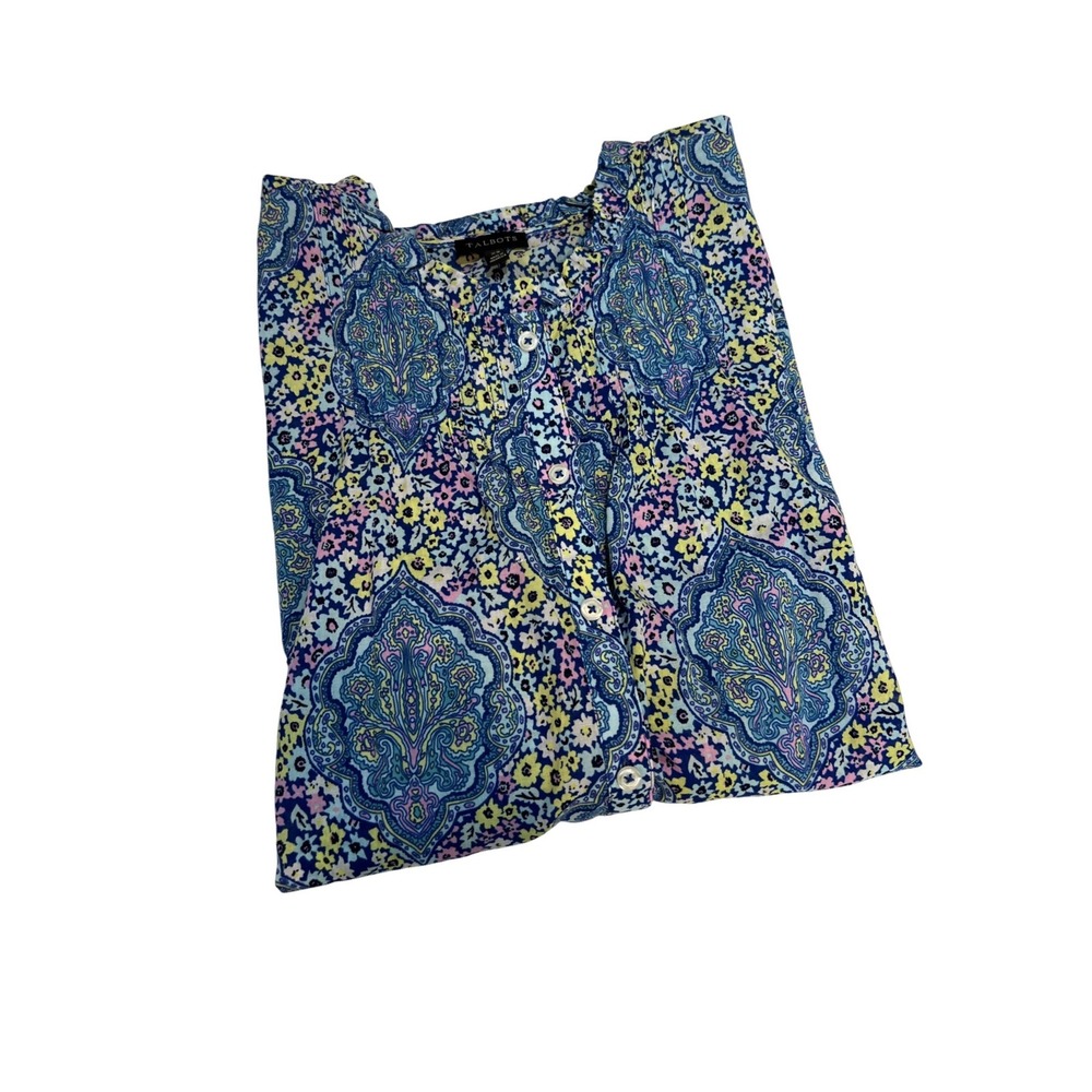 Talbots Blouse Women XS Blue Paisley Floral Cotton Ruffle Neck Button Up Top D09